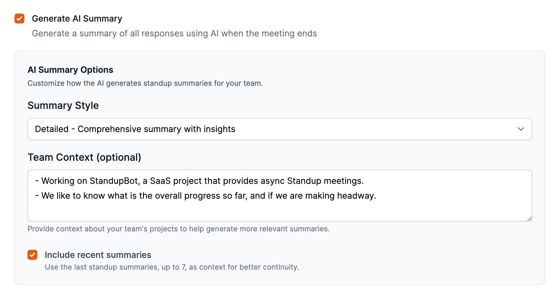 AI summary customization options